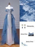 Niulatu Sheath Off The Shoulder Blue Sequin Prom Dresses Long Evening Dress HZ1110
