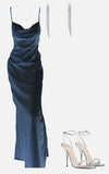 Niulatu Sheath Spaghetti Straps Navy Blue Silk Satin Prom Dresses Long Evening Dress HZ1110