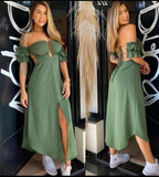 Niulatu A line Off The Shoulder Green Slit Satin Prom Dresses Long Evening Dress HZ1110
