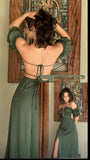 Niulatu A line Off The Shoulder Green Slit Satin Prom Dresses Long Evening Dress HZ1110
