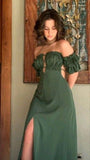 Niulatu A line Off The Shoulder Green Slit Satin Prom Dresses Long Evening Dress HZ1110