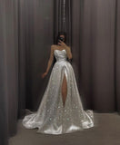 Niulatu A line Sweetheart White Slit Sequin Prom Dresses Long Evening Dress HZ1110