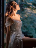 Niulatu Sheath Off The Shoulder White Slit Sequin Prom Dresses Long Evening Dress HZ1110