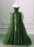 Niulatu Sheath Strapless Sequin Green With Silver Beads Prom Dresses Long Evening Dress HZ1110