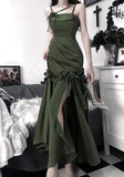 Niulatu Sheath Straps Sleeveless Olive Green Satin Slit Prom Dresses Long Evening Dress HZ1110