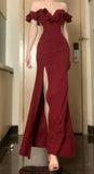 Niulatu Sheath Off The Shoulder Burgundy Satin Slit Fold Prom Dresses Long Evening Dress HZ1110