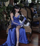 Niulatu Sheath Sweetheart Sleeveless Blue Satin Slit Prom Dresses Long Evening Dress HZ1110