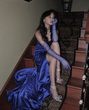 Niulatu Sheath Sweetheart Sleeveless Blue Satin Slit Prom Dresses Long Evening Dress HZ1110