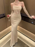 Niulatu Sheath Spaghetti Straps Ivory Lace Fold Prom Dresses Long Evening Dress With Gloves HZ1110