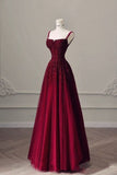 Niulatu A Line Spaghetti Straps Burgundy Sequin Prom Dresses Long Evening Dress With Beads HZ1110