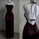 Niulatu Sheath Halter Sleeveless Burgundy Satin Backless Prom Dresses Long Evening Dress HZ1110