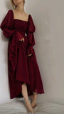Niulatu A Line Square Neckline Burgundy Chiffon Prom Dresses Long Sleeves Evening Dress HZ1110