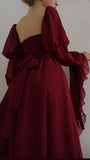 Niulatu A Line Square Neckline Burgundy Chiffon Prom Dresses Long Sleeves Evening Dress HZ1110