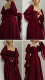 Niulatu A Line Square Neckline Burgundy Chiffon Prom Dresses Long Sleeves Evening Dress HZ1110