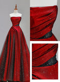 Niulatu A line Strapless Red Satin Prom Dresses With Black Tulle Long Evening Dress HZ1110