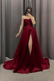 Niulatu A line Sweetheart Burgundy Slit Satin Prom Dresses Long Evening Dress HZ1110