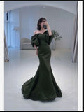 Niulatu Mermaid Off The Shoulder Green Satin Prom Dresses With Ruffle Long Evening Dress HZ1110