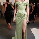 Niulatu Sheath Off The Shoulder Mint Green Slit Prom Dresses With Ruffle Long Evening Dress HZ1110