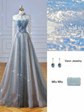 Niulatu A line Strapless Sequin Blue Prom Dresses With Beads Long Evening Dress HZ1110