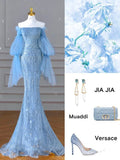 Niulatu Mermaid Off The Shoulder Blue Prom Dresses With Ruffle Long Sleeves Evening Dress HZ1110