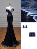 Niulatu Mermaid Off The Shoulder Navy Blue Prom Dresses With Ruffle Long Sleeves Evening Dress HZ1110