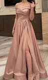 Niulatu A line Off The Shoulder Dusty Pink Prom Dresses With Ruffle Long Slit Evening Dress HZ1110