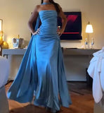 Niulatu Sheath Strapless Blue Satin Prom Dresses With Ribbon Long Slit Evening Dress HZ1110