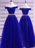 Niulatu A line Off The Shoulder Royal Blue Tulle Prom Dresses With Beads Long Evening Dress HZ1110