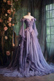 Niulatu Ball Gown Off The Shoulder Tulle Lilac Prom Dresses Long Sleeves Evening Dress HZ1110
