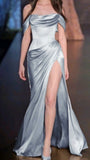 Niulatu A line Off The Shoulder Light Blue Satin Prom Dresses With Ruffle Long Evening Dress HZ1110