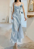 Niulatu Sheath Spaghetti Straps Light Sky Blue Chiffon Prom Dresses With Flower Slit Evening Dress HZ1110
