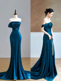 Niulatu Mermaid Off The Shoulder Slit Satin Prom Dresses With Ruffle Long Evening Dress HZ1110