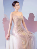Niulatu Mermaid Sweetheart Pink Sequin Prom Dresses With Ruffle Long Evening Dress HZ1110