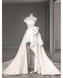 Niulatu High Low One Shoulder Sleeveless White Satin Wedding Dresses HZ1110