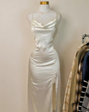 Niulatu A Line Spaghetti Straps Ivory Slit Silk Satin Prom Dresses Long Evening Dress HZ1110