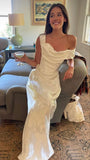 Niulatu Sheath Off The Shoulder White Lace Satin Prom Dresses Long Evening Dress HZ1110