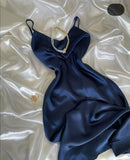 Niulatu A Line Spaghetti Straps Navy Blue Silk Satin Prom Dresses Long Evening Dress HZ1110