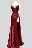 Niulatu Sheath Straps Sleeveless Burgundy Long Slit Slit Prom Dresses Evening Dress With Lace HZ1110