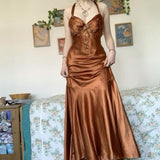 Niulatu Mermaid Halter Sleeveless Brown Long Prom Dresses Evening Dress With Beads HZ1110
