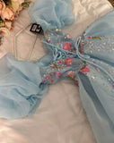 Niulatu Ball Gown Sweetheart Short Puffy Sleeves Light Sky Blue Prom Dresses Long Evening Dress HZ1110