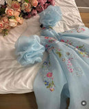 Niulatu Ball Gown Sweetheart Short Puffy Sleeves Light Sky Blue Prom Dresses Long Evening Dress HZ1110