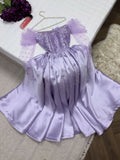 Niulatu Ball Gown Strapless Long Puffy Sleeves Lilac Satin Pearls Prom Dresses Long Evening Dress HZ1110