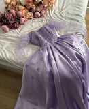Niulatu Ball Gown Strapless Long Puffy Sleeves Lilac Satin Pearls Prom Dresses Long Evening Dress HZ1110