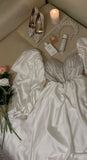 Niulatu A Line Sweetheart Long Sleeves White Satin Prom Dresses Evening Dress With Beads HZ1110