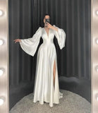 Niulatu A Line V Neckline Long Sleeves White Satin Prom Dresses Evening Dress With Slit HZ1110
