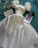 Niulatu A Line Sweetheart Short Sleeves White Satin Prom Dresses Evening Dress With Beads HZ1110