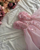 Niulatu Ball Gown Strapless Long Pink Hand Made Flowers Prom Dresses Long Evening Dress HZ1110