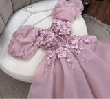 Niulatu Ball Gown Strapless Short Sleeves Pink Hand Made Flowers Prom Dresses Long Evening Dress HZ1110