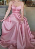 Niulatu A Line Spaghetti Straps Sleeveless Pink Satin Prom Dresses Long Evening Dress HZ1110