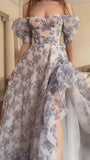 Niulatu High Low Sweetheart Short Sleeves Floral Prom Dresses Evening Dress With Ruffles HZ1110